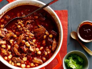 bowl of red chile posole